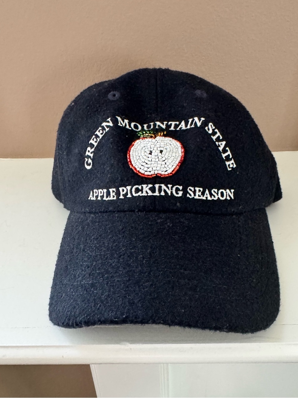 Anthropologie Green Mountain State Apple Picking Season Beaded Hat Navy NWT